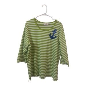 Quacker Factory Green and White Striped Top With Sequin Anchor Derail
